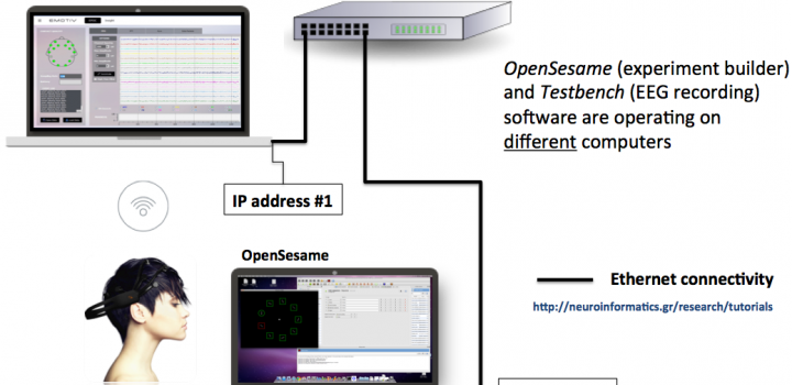 OpenSesame (experiment builder) and Testbench (EEG recording) software are operating on different computers